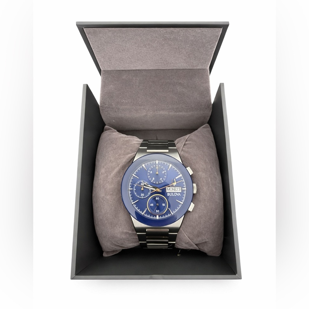 Bulova Chronograph with Blue Dial and Silver Band